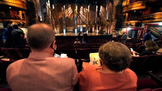 Attendees wait for the start of the Broadway musical ‘Hamilton’ at the Richard Rodgers Theatre in New York.(AFP)