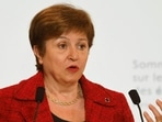 In this file photo taken on May 18, 2021, International Monetary Fund Managing Director Kristalina Georgieva speaks during a joint press conference at the end of the Summit on the Financing of African Economies in Paris.&nbsp;