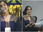 Neena Gupta accepting an award from Amrish Puri. Neena Gupta accepting an award from Amrish Puri.