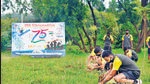 The crew of INS Vikramaditya conduct a plantation drive of 75 saplings on the occasion of the 75th Independence Day celebrations, in Karnataka’s Karwar, on Sunday. (ANI)