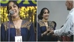 Neena Gupta accepting an award from Amrish Puri. Neena Gupta accepting an award from Amrish Puri.