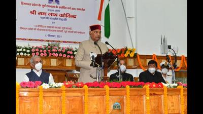 President Ram Nath Kovind addressing the special session of the Himachal Pradesh assembly in Shimla on Friday as governor Rajendra Vishwanath Arlekar, chief minister Jai Ram Thakur and leader of the opposition Mukesh Agnihotri look on. (HT Photo) President Ram Nath Kovind addressing the special session of the Himachal Pradesh assembly in Shimla on Friday as governor Rajendra Vishwanath Arlekar, chief minister Jai Ram Thakur and leader of the opposition Mukesh Agnihotri look on. (HT Photo)