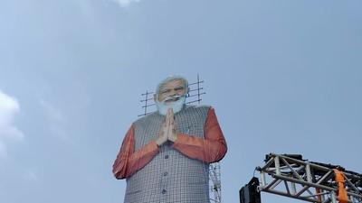 A 71-feet cut-out of PM Narendra Modi is set up in Gujarat (HT Photo) A 71-feet cut-out of PM Narendra Modi is set up in Gujarat (HT Photo)
