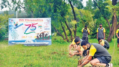 The crew of INS Vikramaditya conduct a plantation drive of 75 saplings on the occasion of the 75th Independence Day celebrations, in Karnataka’s Karwar, on Sunday. (ANI) The crew of INS Vikramaditya conduct a plantation drive of 75 saplings on the occasion of the 75th Independence Day celebrations, in Karnataka’s Karwar, on Sunday. (ANI)
