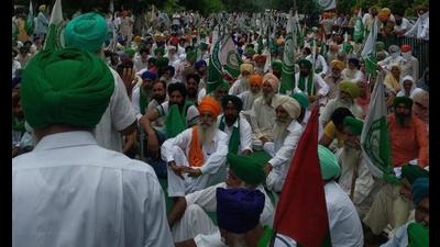 Farmers staging a protest outside the mini-secretariat in Patiala on Friday.