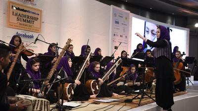 Zohra, Afghan women’s orchestra, performs during the Hindustan Times Leadership Summit in New Delhi, in 2017. (HT Archive) Zohra, Afghan women’s orchestra, performs during the Hindustan Times Leadership Summit in New Delhi, in 2017. (HT Archive)