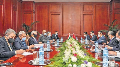 External affairs minister S Jaishankar with his Chinese counterpart, Wang Yi, on the sidelines of SCO meet in Dushanbe on Friday. (PTI) External affairs minister S Jaishankar with his Chinese counterpart, Wang Yi, on the sidelines of SCO meet in Dushanbe on Friday. (PTI)