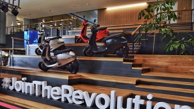 The new Ola electric scooters displayed at the Ola headquarters in Bangalore (AFP) The new Ola electric scooters displayed at the Ola headquarters in Bangalore (AFP)