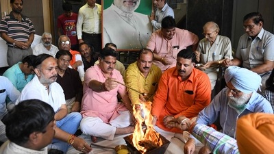 The Bharatiya Janata Party (BJP) workers perform 'Hawan' or a religious ritual to celebrate the 71st birthday of India's Prime Minister Narendra Modi, in Amritsar. (AFP) The Bharatiya Janata Party (BJP) workers perform 'Hawan' or a religious ritual to celebrate the 71st birthday of India's Prime Minister Narendra Modi, in Amritsar. (AFP)