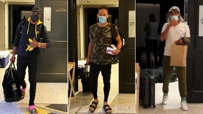 DJ Bravo (L), Faf du Plessis and Imran Tahir (R) arrive in the UAE for IPL 2021 (HT Collage)