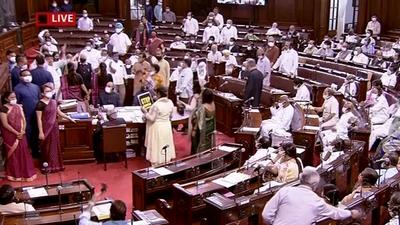 A view of the protests in Rajya Sabha during the Monsoon Session of Parliament, in New Delhi, on August 11. (PTI)
