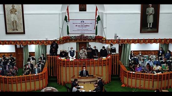 President Ram Nath Kovind along with governor Rajendra Vishwanath Arlekar, chief minister Jai Ram Thakur and Vidhan Sabha Speaker Vipin Parmar during the special session of the Himachal Pradesh assembly in Shimla on Friday. (HT Photo) President Ram Nath Kovind along with governor Rajendra Vishwanath Arlekar, chief minister Jai Ram Thakur and Vidhan Sabha Speaker Vipin Parmar during the special session of the Himachal Pradesh assembly in Shimla on Friday. (HT Photo)