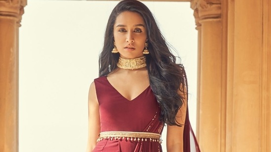 Shraddha Kapoor lays style cues to sizzle at cocktail night in wine belted saree(Instagram/shraddhakapoor)