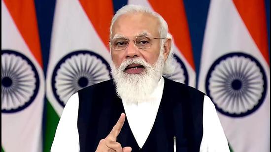 Prime Minister Narendra Modi addresses SCO-CSTO (Collective Security Treaty Organization) summit outreach on Afghanistan, through video conferencing in New Delhi on Friday. (ANI PHOTO.) Prime Minister Narendra Modi addresses SCO-CSTO (Collective Security Treaty Organization) summit outreach on Afghanistan, through video conferencing in New Delhi on Friday. (ANI PHOTO.)