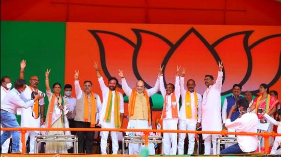 Union Home minister Amit Shah address a BJP rally in Telangana on Friday. (HT Photo)