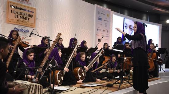 Zohra, Afghan women’s orchestra, performs during the Hindustan Times Leadership Summit in New Delhi, in 2017. (HT Archive)