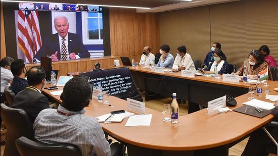 Union minister Bhupender Yadav in a virtual meeting at the Major Economies Forum on Energy and Climate (MEF) hosted by US President Joe Biden, in New Delhi, on Friday. (PTI) Union minister Bhupender Yadav in a virtual meeting at the Major Economies Forum on Energy and Climate (MEF) hosted by US President Joe Biden, in New Delhi, on Friday. (PTI)