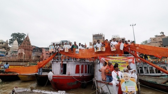 BJP supporters celebrate Prime minister Narendra Modi's 71st birthday, in Varanasi.(ANI)