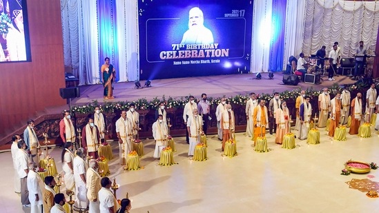 BJP leaders, religious heads and others celebrate the 71st birthday of Prime Minister Narendra Modi by lighting 71 traditional lamps at a function, in Thiruvananthapuram.(PTI)