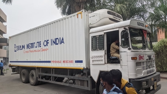 Goods container carrying vaccines leaves from Serum Institute of India in Pune(Shankar Narayan/HT PHOTO)