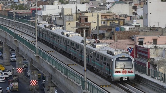 A view of Delhi Metro's green line line which opened from Mundka to City Park Metro Station.(Sanchit Khanna/HT PHOTO)