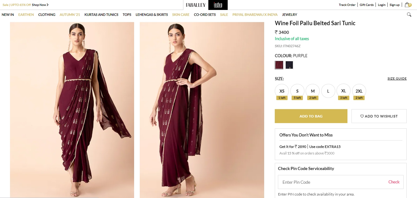 Shraddha Kapoor's wine foil pallu belted saree tunic from Indya(houseofindya.com)