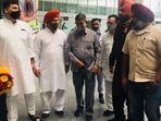 Punjab Congress president Navjot Singh Sidhu (second from right) receiving party leaders Harish Rawat (centre), Ajay Maken and Harish Chaudhary at the Chandigarh airport on Saturday.