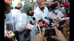 Captain Amarinder Singh interacts with the media outside Punjab Raj Bhawan after submitting a resignation from the post of Punjab Chief Minister to the Punjab Governor on Saturday. (Ravi Kumar/HT) Captain Amarinder Singh interacts with the media outside Punjab Raj Bhawan after submitting a resignation from the post of Punjab Chief Minister to the Punjab Governor on Saturday. (Ravi Kumar/HT)