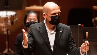Music Director Jaap van Zweden conducts the New York Philharmonic's first concert after its reopening at the Alice Tully Hall in New York, on September 17. Friday's show comes days after news broke that Jaap van Zweden, the Phil's maestro since 2018, will step down after the 2023-24 season. (Kena Betancur / AFP)