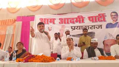 AAP leader Sanjay Singh addressing a function in Prayagraj on Saturday. (HT Photo)