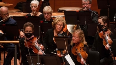 Musicians perform during the New York Philharmonic's first concert after its reopening at the Alice Tully Hall in New York, on September 17. Most of the 2021-22 season will be played at two other venues at the Lincoln Center arts complex on Manhattan's Upper West Side. (Kena Betancur / AFP)