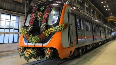 The first trainset for Kanour and Agra Metro projects as unveiled by Alstom on Saturday. (Twitter/@AlstomIndia) The first trainset for Kanour and Agra Metro projects as unveiled by Alstom on Saturday. (Twitter/@AlstomIndia)