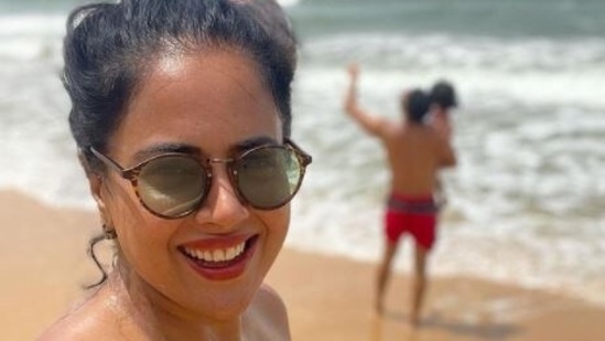 Sameera Reddy at a beach in Goa.