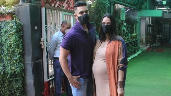 Actor-couple Neha Dhupia and Angad Bedi were clicked at Sequel Restaurant in Bandra. (Varinder Chawla)