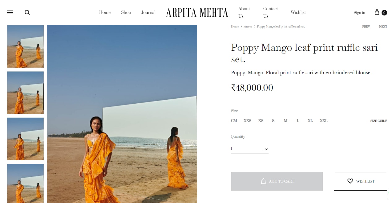 Pooja Hedge's poppy mango leaf print ruffle saree from Arpita Mehta(arpitamehtaofficial.com)
