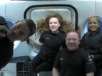 This file photo, taken on September 16, 2021, courtesy of Inspiration4, shows the Inspiration4 crew (L-R) Jared Isaacman, Hayley Arceneaux, Christopher Sembroski, and Sian Proctor in orbit.&nbsp;