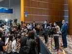 Carrie Lam, Hong Kong's chief executive, speaks to the members of the media at a polling station during the Election Committee Subsector Ordinary Elections in Hong Kong, China, on Sunday, Sept. 19, 2021.&nbsp;