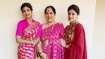 Sunanda Shetty poses with her daughters Shilpa Shetty and Shamita Shetty. Sunanda Shetty poses with her daughters Shilpa Shetty and Shamita Shetty.