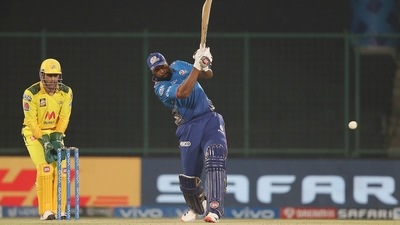 Kieron Pollard plays a shot during the match between the Mumbai Indians and the Chennai Super Kings at the Arun Jaitley Stadium. (ANI Photo/IPL Twitter) (File)