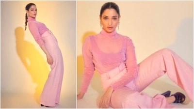 Tamannaah Bhatia posed for the camera in a pink see-through turtle neck which she teamed with similar coloured trousers. (Instagram/@tamannaahspeaks)