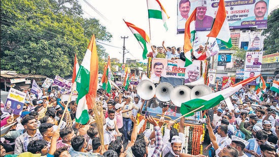 Delhi chief minister and AAP chief Arvind Kejriwal during a 'Tiranga Sankalp Yatra' in Haldwani on Sunday. (PTI)