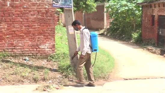 A health personnel at work at Kursauli village in Kanpur. (ANI photo) A health personnel at work at Kursauli village in Kanpur. (ANI photo)