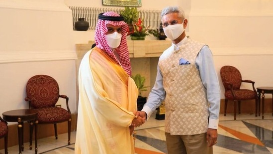India's external affairs minister S Jaishankar meets with Suadia Arabia's foreign minister Prince Faisal bin Farhan Al Saud in New Delhi on Sunday. (Twitter/@DrSJaishankar)
