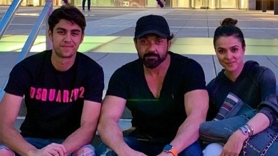 Bobby Deol with his wife Tanya Deol and elder son Aryaman.
