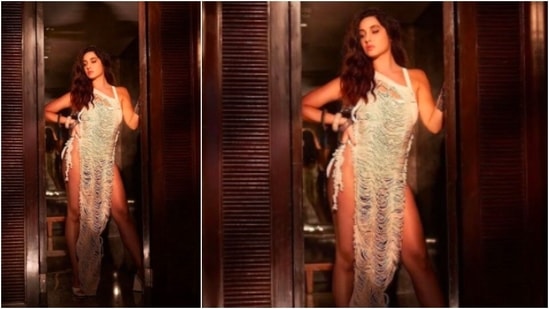 Nora Fatehi is a breathtaking vision as she poses in this jaw-dropping outfit from the clothing line Vaishal S Couture.(Instagram/@manekaharisinghani)