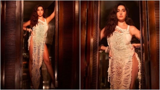 Nora Fatehi looked drop-dead gorgeous in this sultry nude thigh-high slit bodycon dress.(Instagram/@manekaharisinghani)