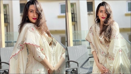 Karisma Kapoor looks angelic in <span class='webrupee'>?</span>22.5k ivory Anarkali set, bold red lips(Instagram/therealkarismakapoor)