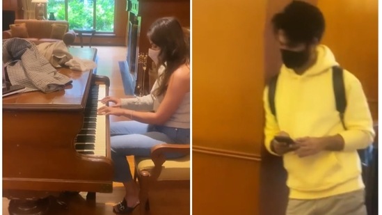 Shahid Kapoor stood nearby as Mira Rajput played the piano. Shahid Kapoor stood nearby as Mira Rajput played the piano.