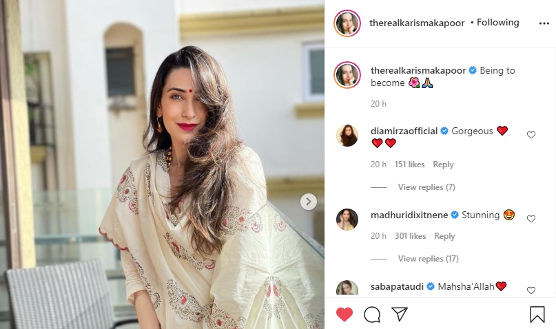 Dia Mirza, Madhuri Dixit and Saba Pataudi can't hold back their compliments for Karisma Kapoor's beautiful look (Instagram/therealkarismakapoor)