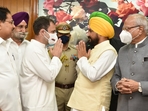 Charanjit Singh Channi (right), who took oath as the chief minister of Punjab on Monday, seen here with Congress leader Rahul Gandhi (left). (Ravi Kumar/HT Photo)